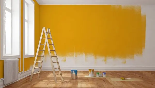 Imagem de uma parede parcialmente pintada de amarelo, uma escada aberta e latas de tinta na frente.